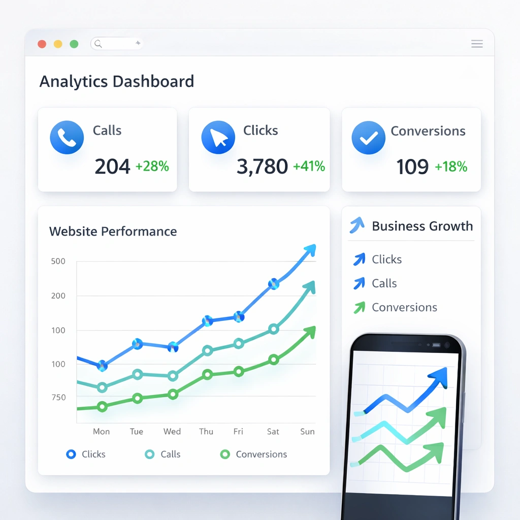Local SEO performance dashboard showing growth metrics