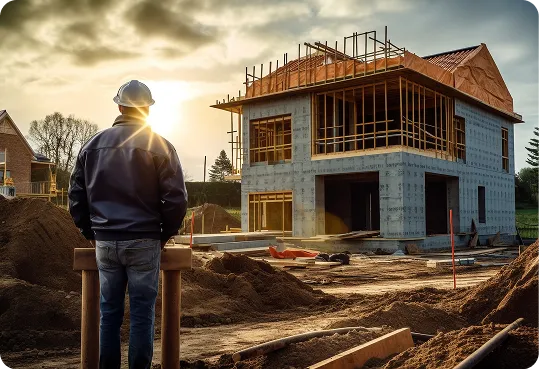 construction site featuring a modern two-story house under construction.