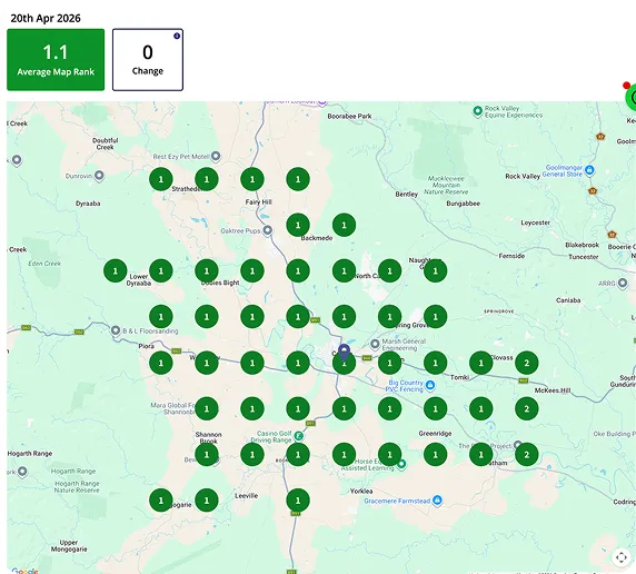 Map with green numbered markers indicating rankings across a region