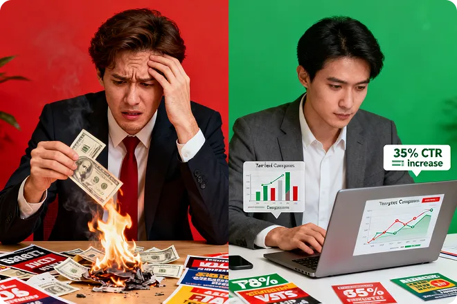 The image displays a comparison between unsuccessful and successful advertising campaigns.