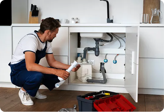 This image shows a person working on plumbing under a kitchen sink.