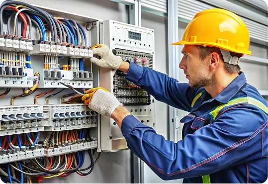 electrical engineer working on a complex electrical control panel or switchboard.