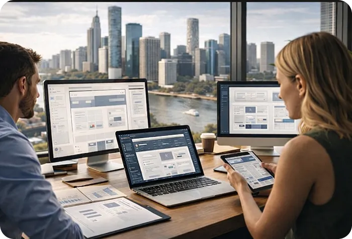 multiple computers and tablets for data analysis or software development,