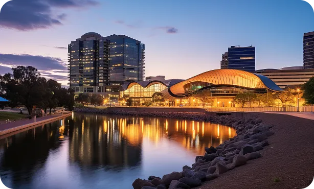Adelaide skyline in South Australia during the evening.