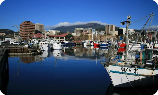 Hobart Dock area and Mt Wellington in Hobart, Tasmania, Australia.