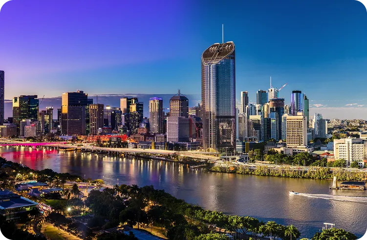 shows the Brisbane skyline, the capital city of Queensland, Australia.