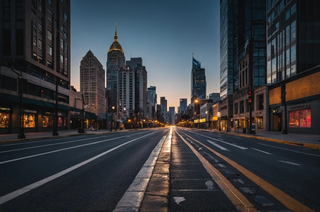 City Street With Tall Buildings Street Light