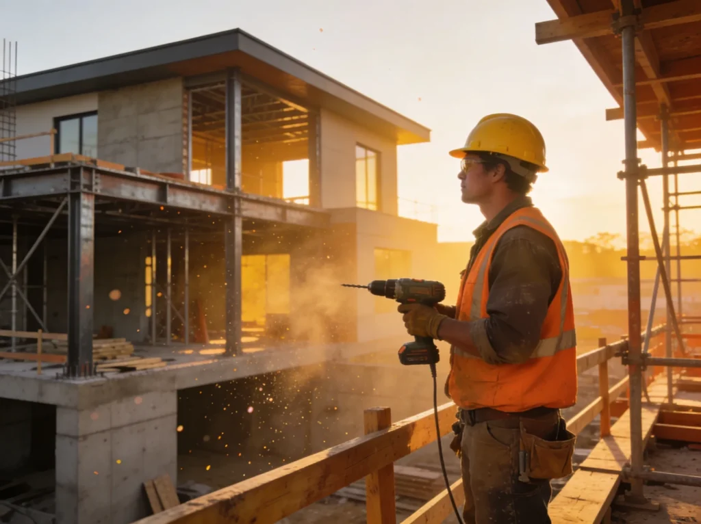 Professional builder working on construction site in Sydney residential project
