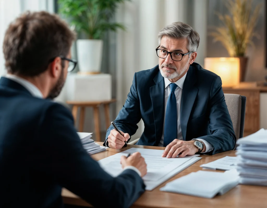 Legal consultation meeting between lawyer and client in Brisbane office