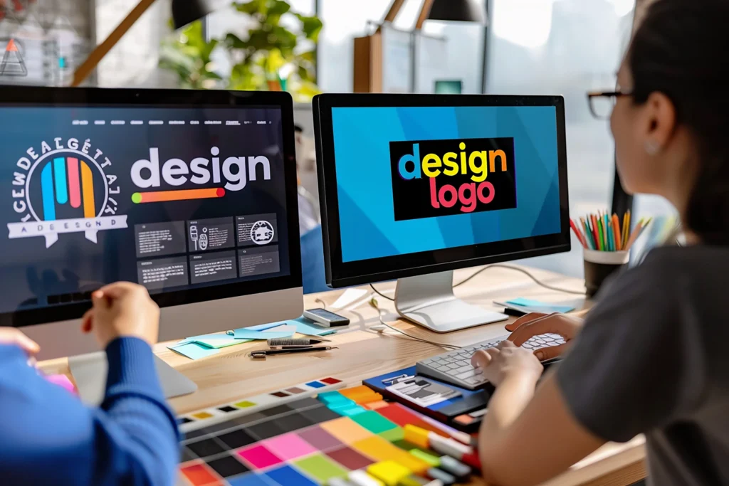 man sits two monitors with word design it