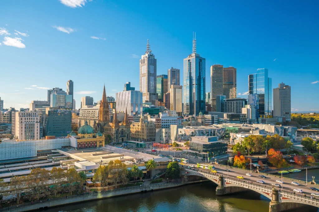 melbourne city skyline australia with blue sky