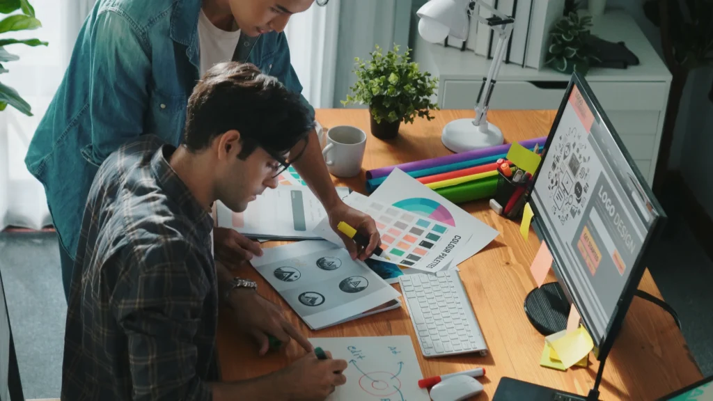 person working on a laptop at a desk in a home office setting.