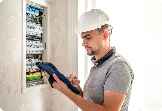 shows a professional electrical technician inspecting a residential switchboard while using a digital tablet for diagnostics.