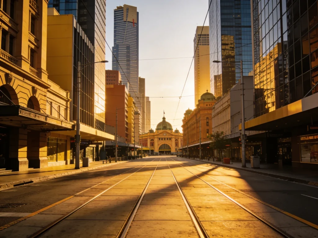 Flinders Street Melbourne with historic architecture and modern skyline, tram tracks, clean urban environment, bright daylight, ultra realistic photography, no people, no text, no watermark