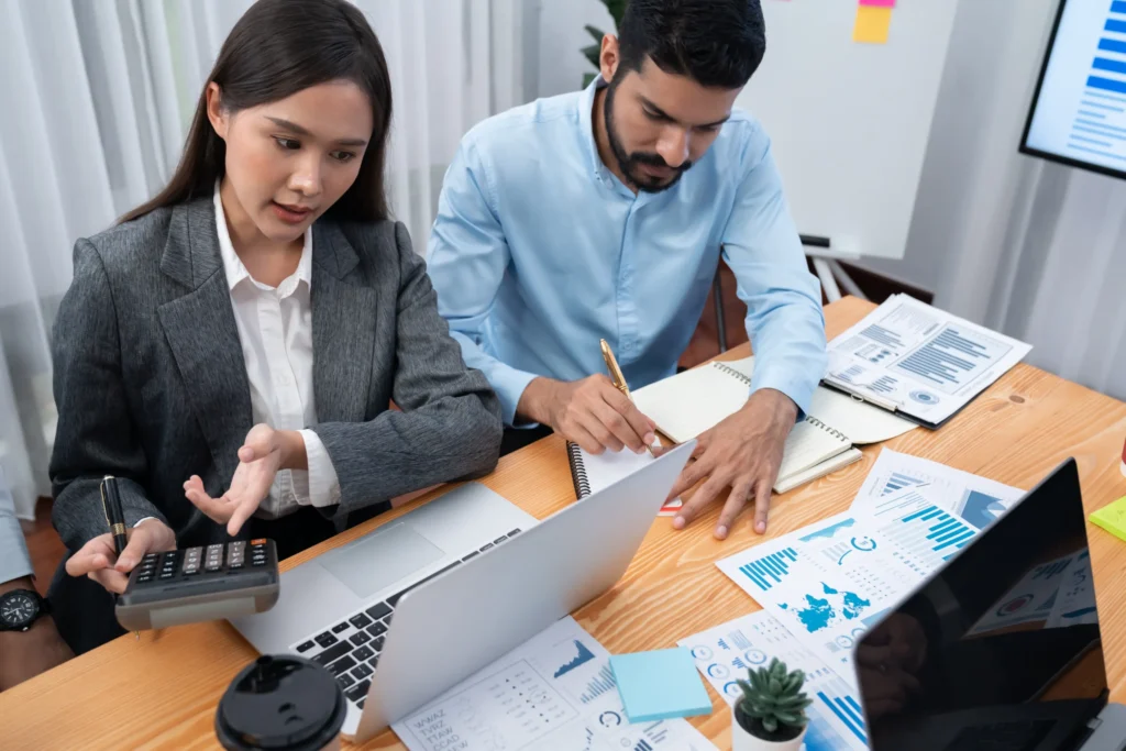 accountant in Hobart office with branded business card and brochure graphic design for accounting firms