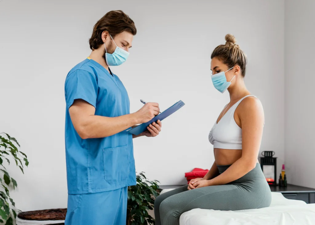 physiotherapist in Perth clinic with branded brochure and business card graphic design for physiotherapy clinics