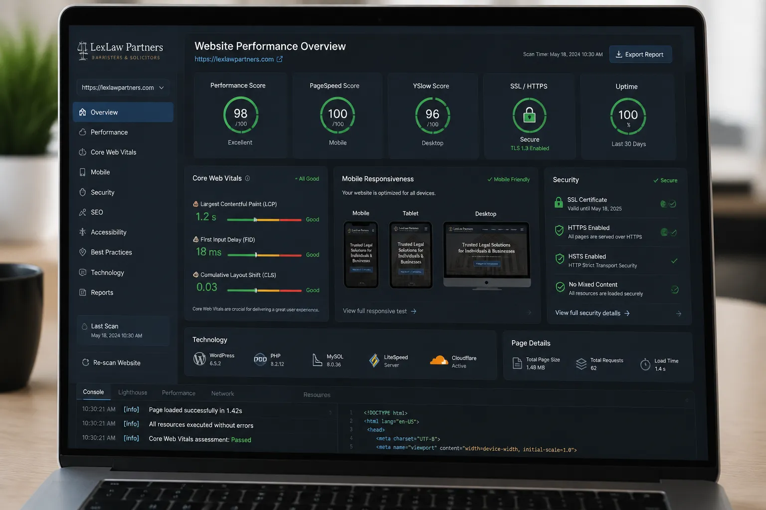 Law firm website performance dashboard showing page speed, Core Web Vitals, SSL security, and mobile optimisation metrics for improved lead generation