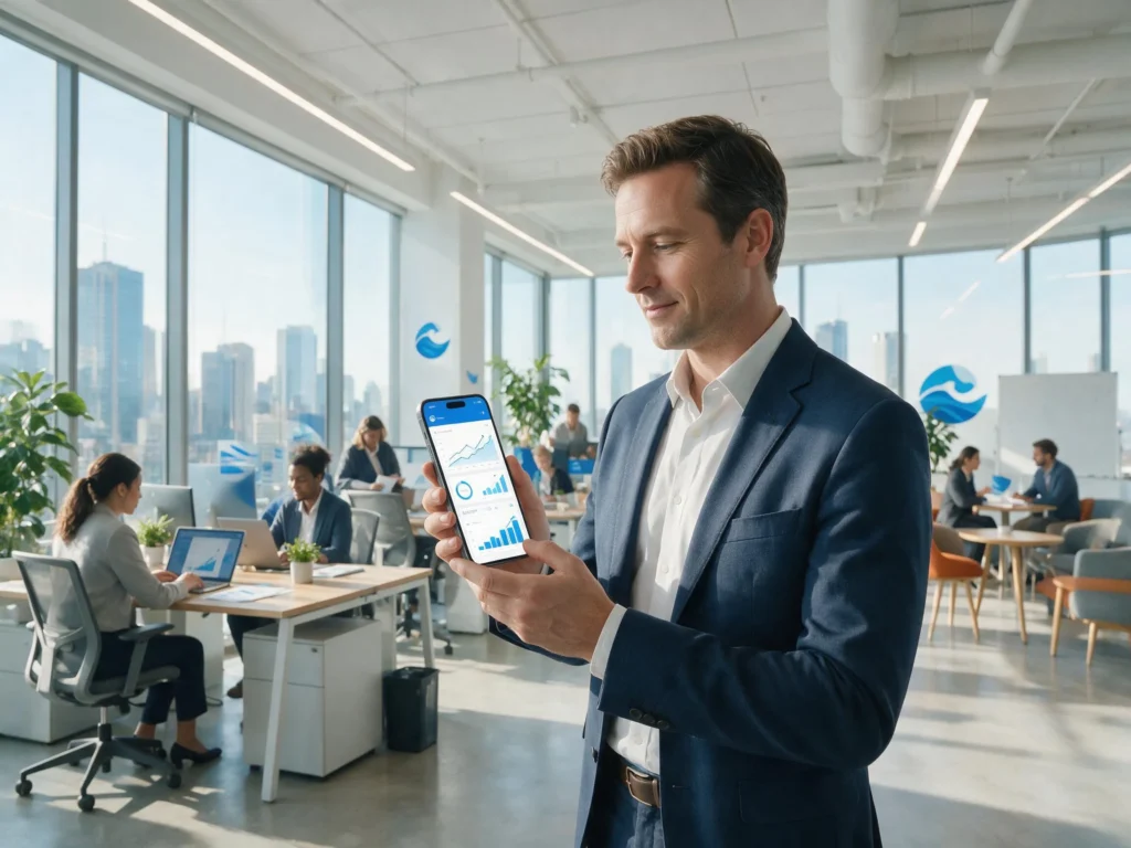 Business professionals analysing custom mobile app ROI dashboard for B2B company growth in Australia