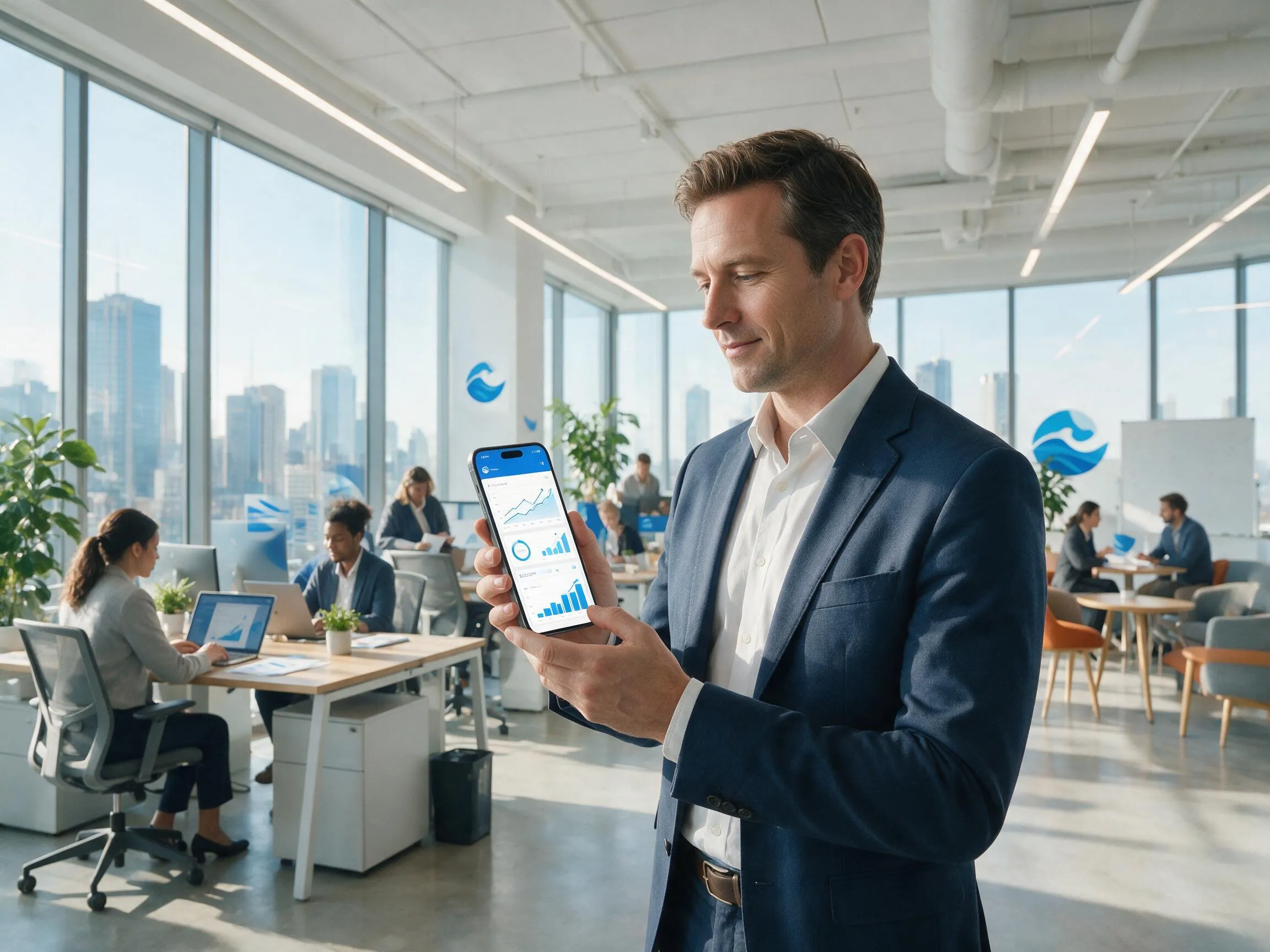 Business professionals analysing custom mobile app ROI dashboard for B2B company growth in Australia