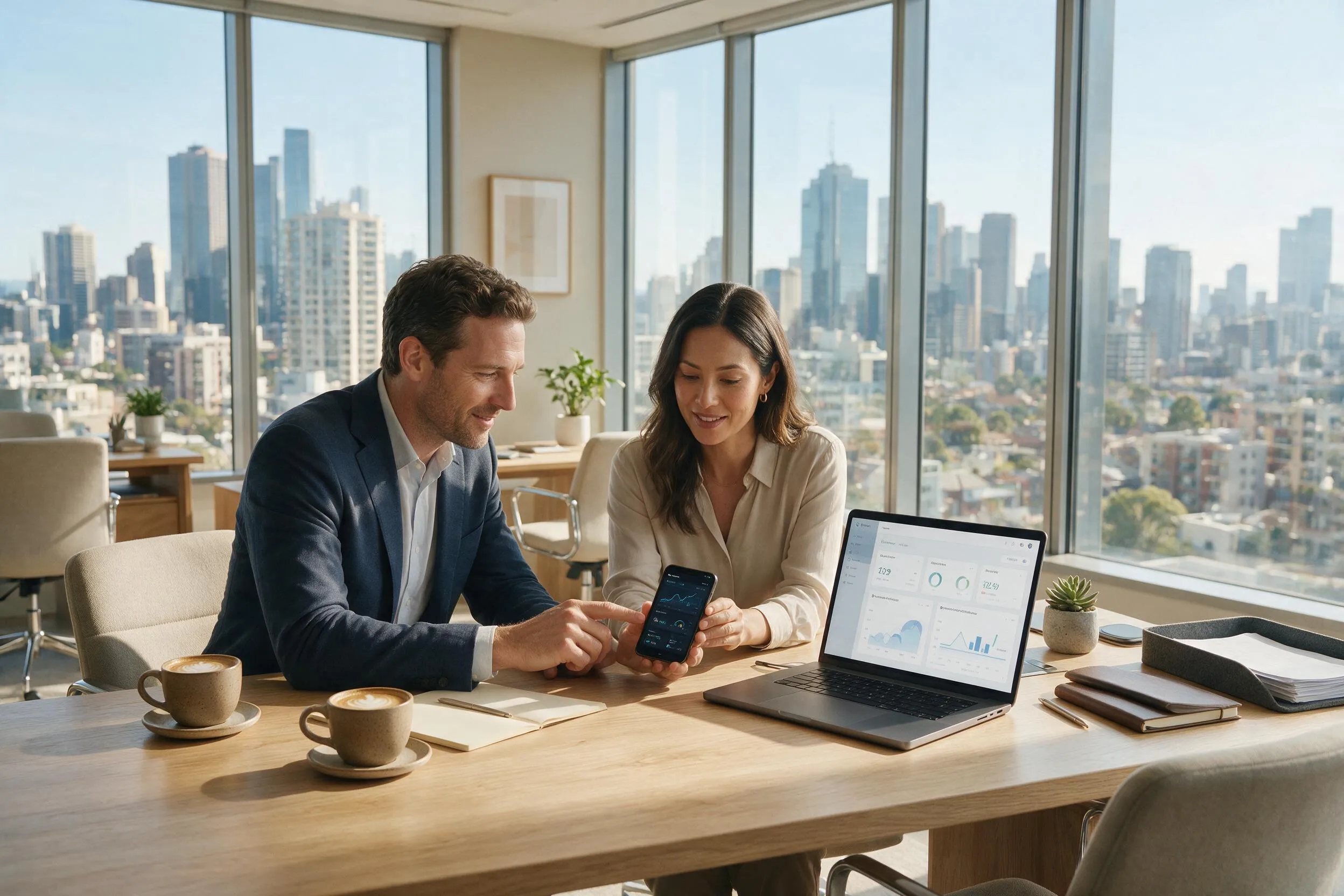 Australian business professionals using a custom mobile app for enterprise productivity and digital transformation