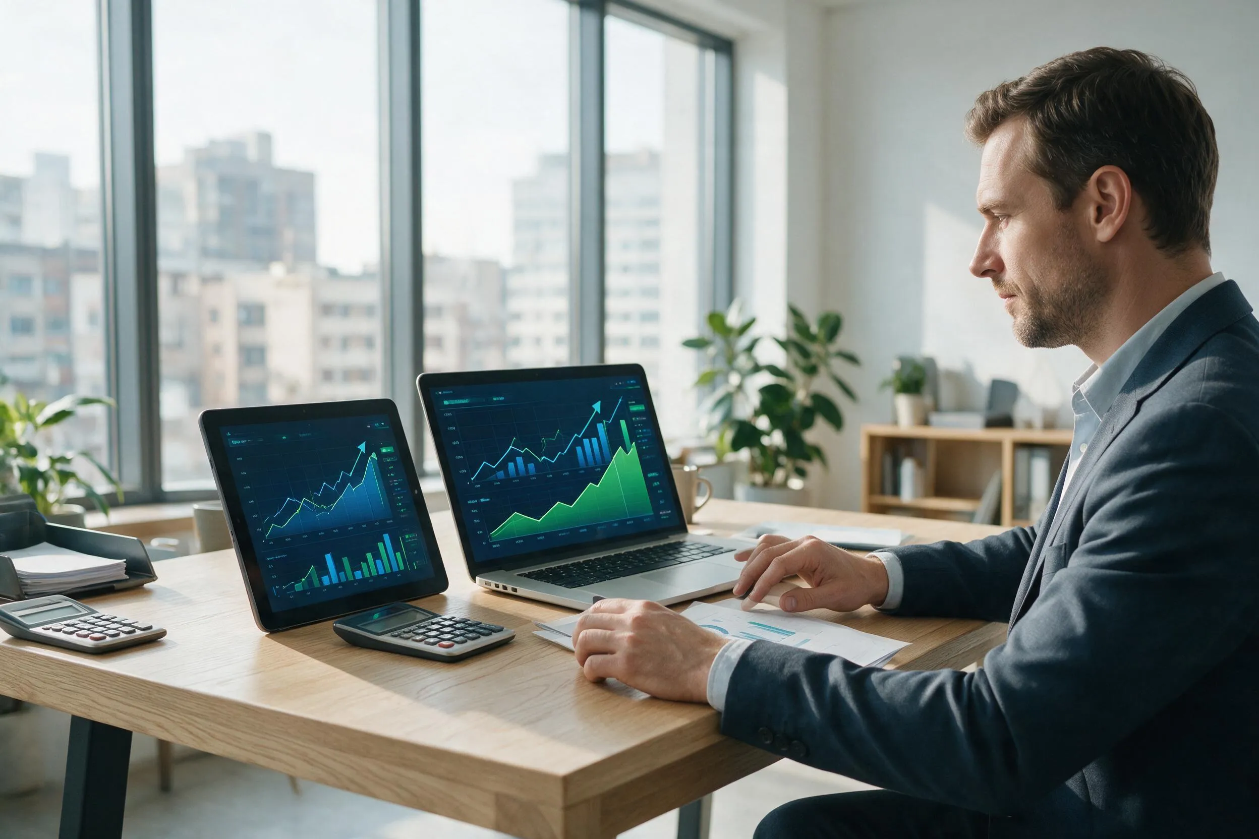 Business manager calculating custom mobile app ROI using financial reports and analytics dashboard